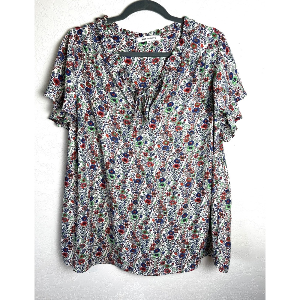 Rose & Olive Floral Tie Neck Blouse Size 1X Plus Flutter Sleeve Cottagecore - Picture 2 of 10